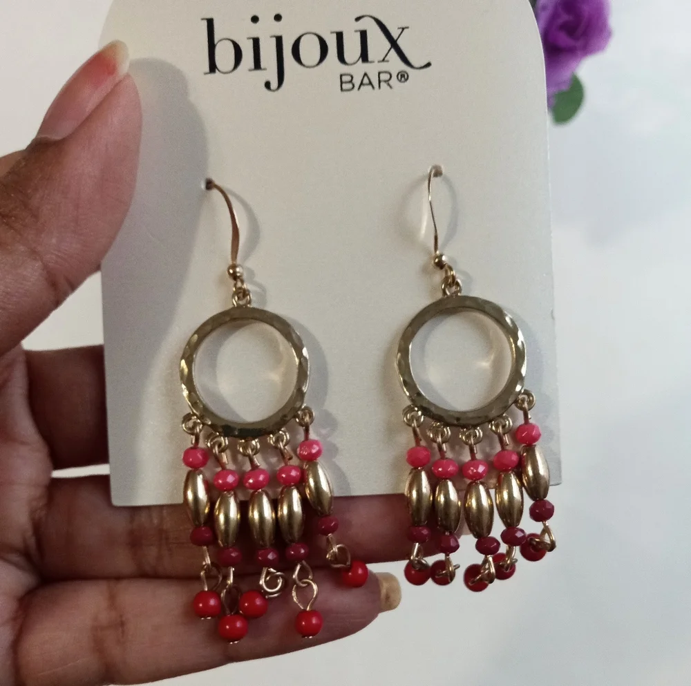 Gold Tone Boho Pink Red Gold Beaded Earrings